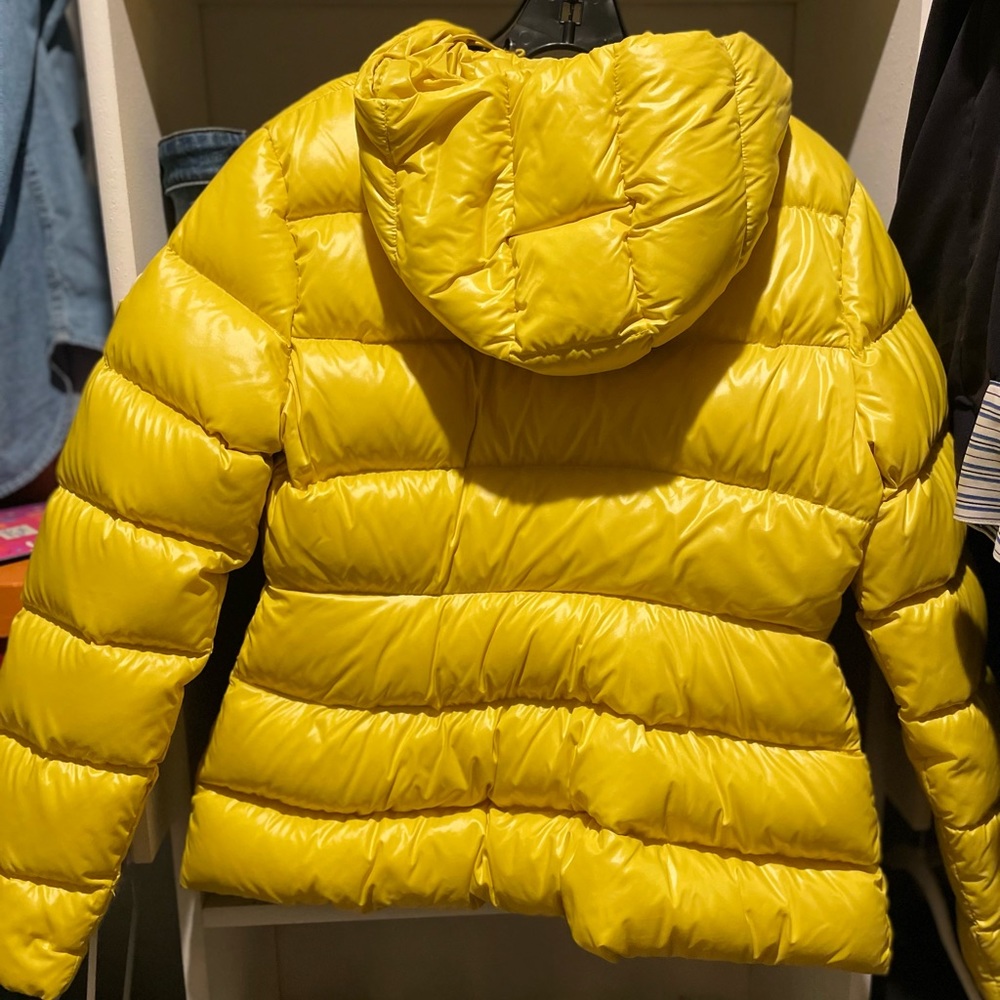 Moncler yellow puffer jacket with belt, gently used. Authentic